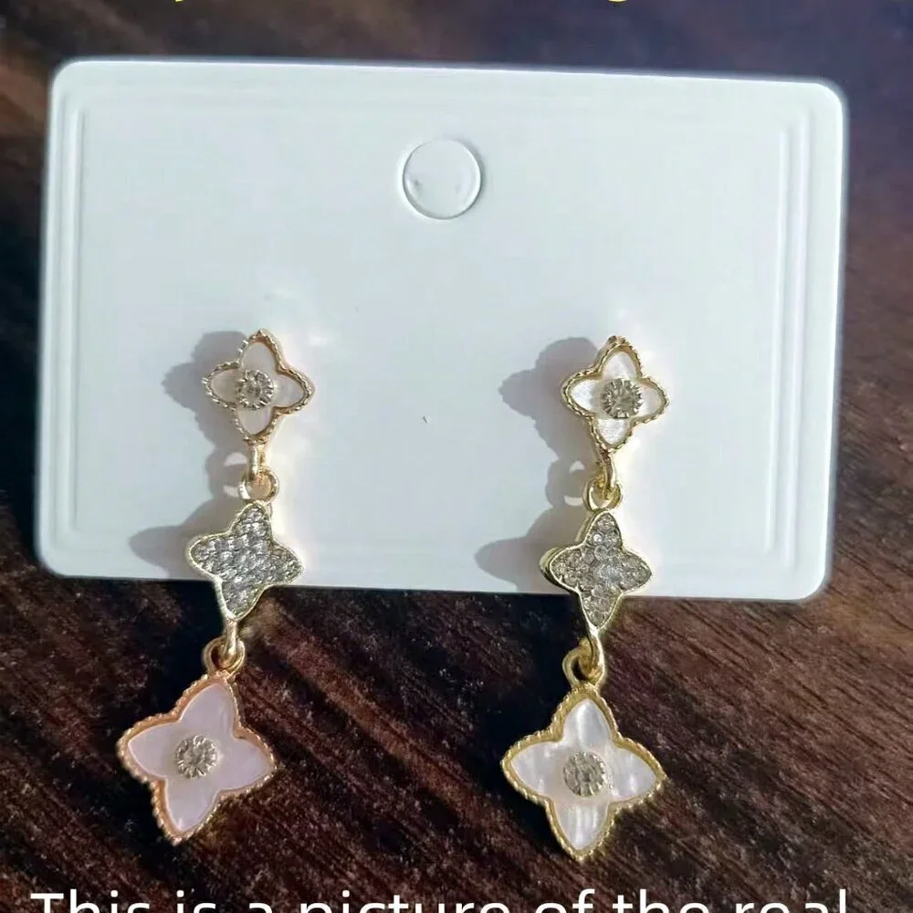 Gold Boho Womens Long Leaf & Flower Earrings Embedded With Rhinestones